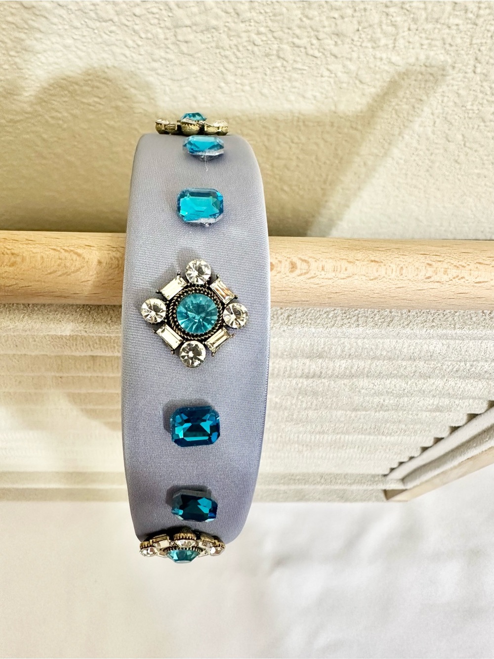 Embellished Periwinkle Satin Headband with Teal Crystal Accents
